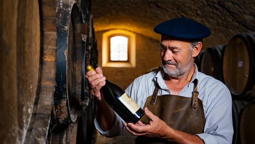 Un vigneron français en cave examinant une bouteille de vin, fûts de chêne en arrière-plan, lumière naturelle dorée