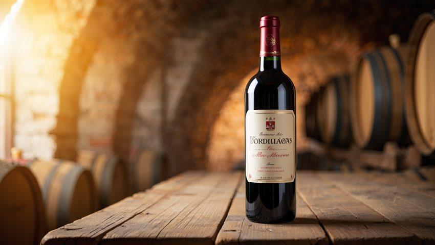 Une bouteille de vin français posée dans une cave, étiquette visible au premier plan
